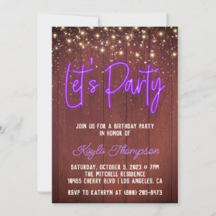 Neon Wooden Wall Let's Party Invitation