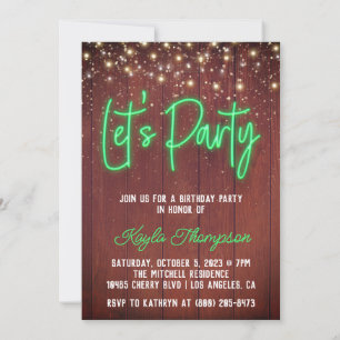 Neon Wooden Wall Let's Party Invitation