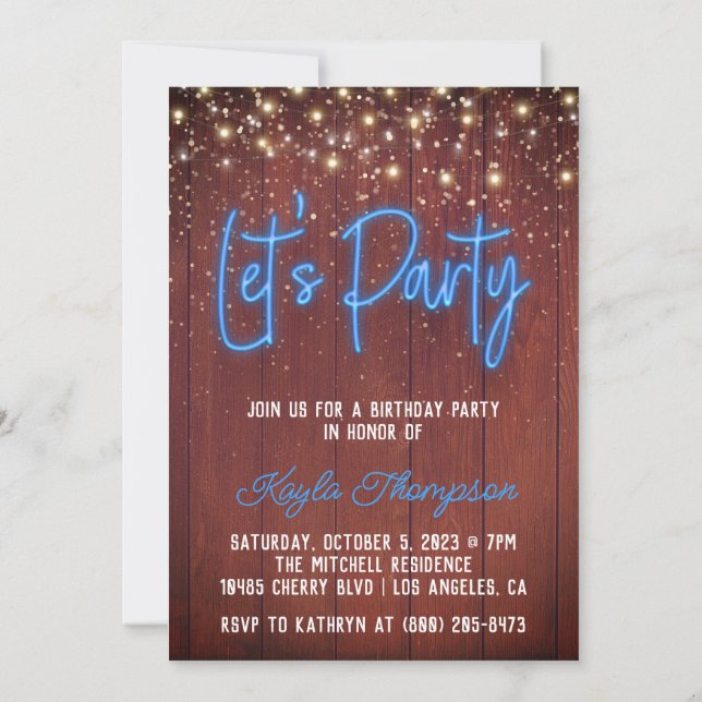 Neon Wooden Wall Let's Party Invitation (Back)