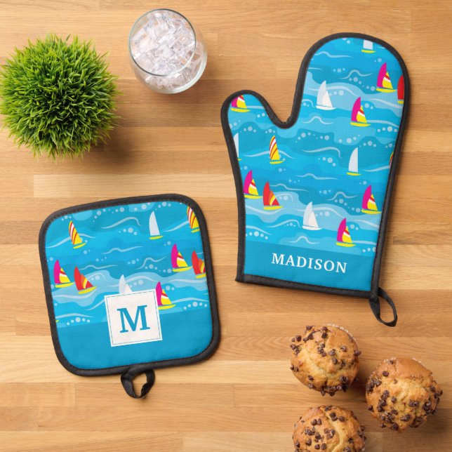 Neon Yacht Pattern Oven Mitt & Pot Holder Set (Top Down)
