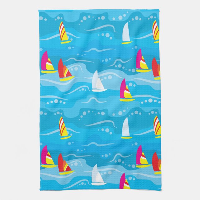 Neon Yacht Pattern Tea Towel (Vertical)