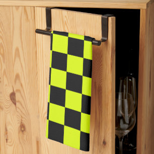Neon Yellow Black Chequered Chequerboard Vintage Tea Towel