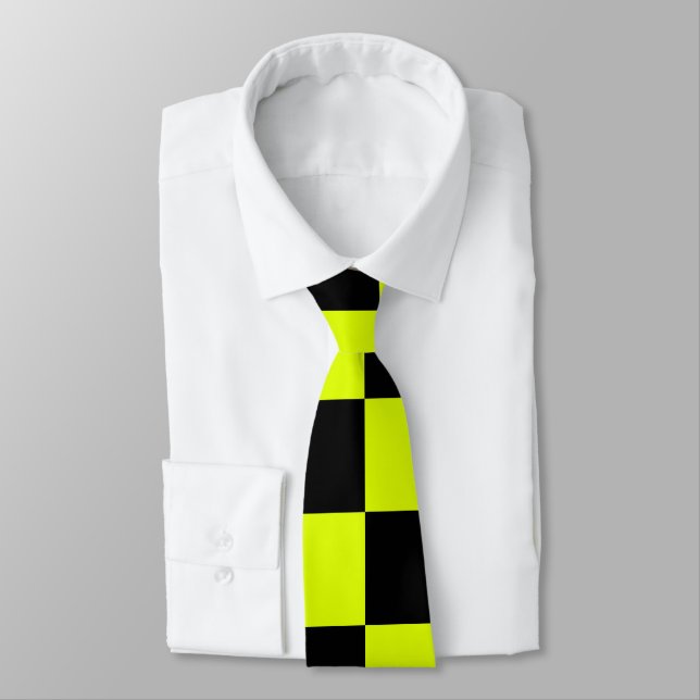 Neon Yellow Black Chequered Chequerboard Vintage Tie (Tied)