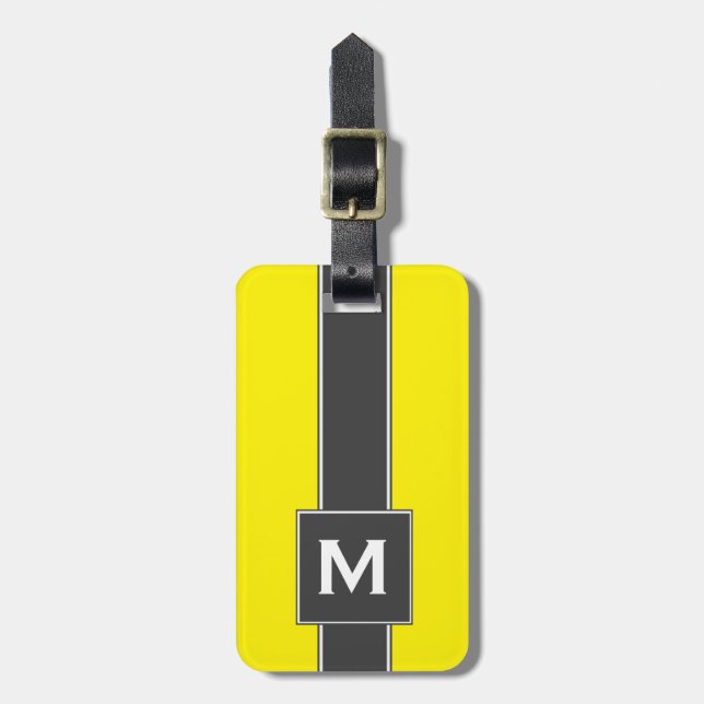 Neon Yellow Black Striped Personalised Monogram Luggage Tag (Front Vertical)