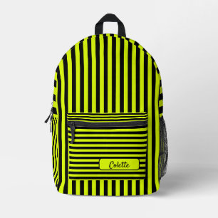 Neon Yellow Black Vintage Striped Name Printed Backpack