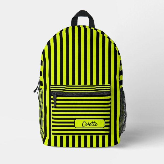Neon Yellow Black Vintage Striped Name Printed Backpack (Front)
