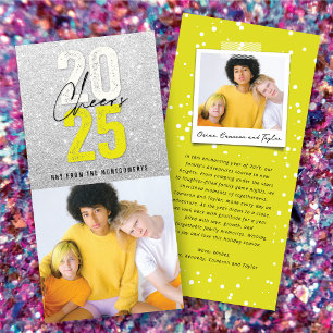 Neon Yellow Cheers 2025 Glitter New Year Photo Holiday Card