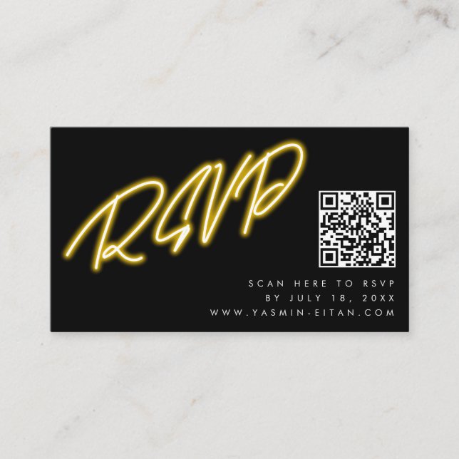 Neon Yellow Glow Black QR Code Wedding RSVP Enclosure Card (Front)