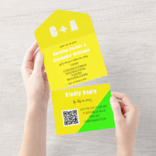 Neon Yellow Green Retro Modern Bold Elegant All In One Invitation