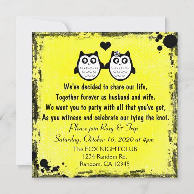 Neon yellow grunge owl punk wedding invitations (Front)