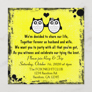 Neon yellow grunge owl punk wedding invitations