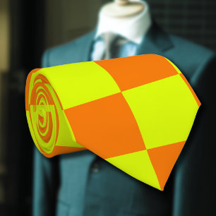 Neon Yellow Orange Chequered Chequerboard Vintage Tie