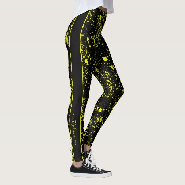 Neon Yellow Paint Splatter Monogram Retro Leggings (Right)