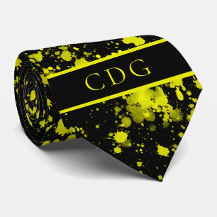 Neon Yellow Paint Splatter Monogram Retro Tie