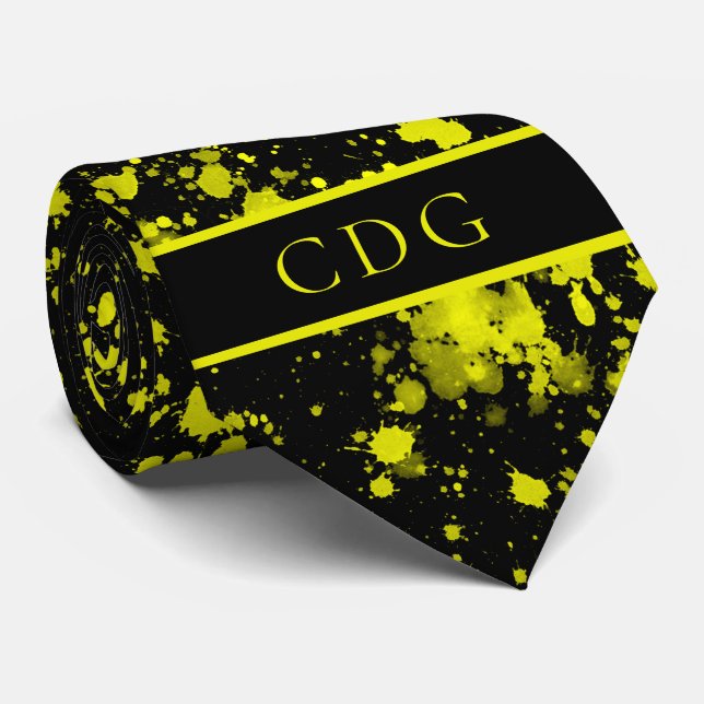 Neon Yellow Paint Splatter Monogram Retro Tie (Rolled)