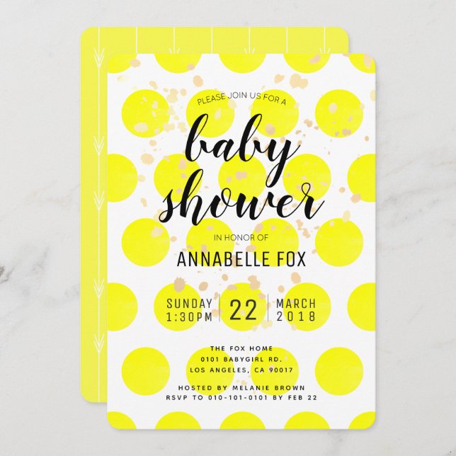 Neon Yellow Polka Dots Baby Shower Invitation Card (Front/Back)