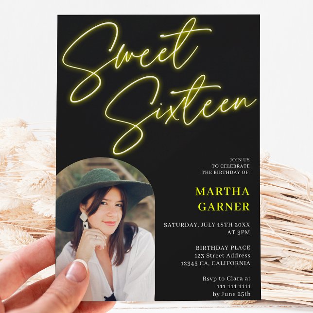 Neon yellow sign script fun photo arch Sweet 16 Invitation (Creator Uploaded)