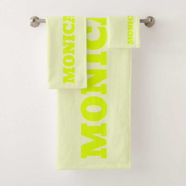 Neon Yellow Stylish Modern Name Signature  Bath Towel Set (Insitu)