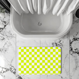 Neon Yellow White Chequered Chequerboard Vintage Bath Mat