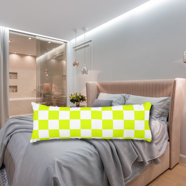 Neon Yellow White Chequered Chequerboard Vintage Body Cushion (Creator Uploaded)