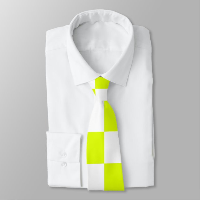 Neon Yellow White Chequered Chequerboard Vintage Tie (Tied)