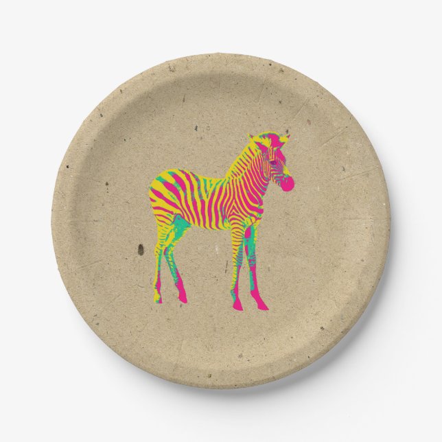Neon Zebra Baby Animal Psychedelic Funky Retro Paper Plate (Front)