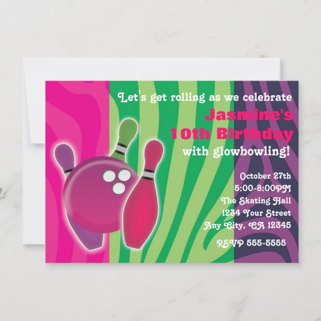 Neon Zebra Print Bowling Glow Bowl Party Invite (Front)