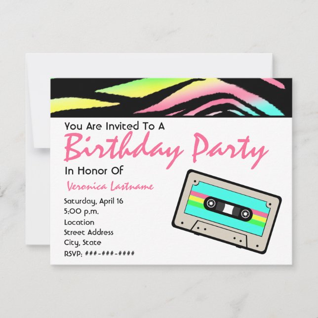 Neon Zebra Print & Cassette Tape Birthday Invite (Front)