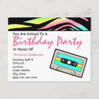 Neon Zebra Print & Cassette Tape Birthday Invite