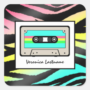 Neon Zebra Print & Cassette Tape Personalised Square Sticker