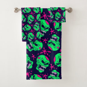 Neon Zombie Skulls Pattern Bath Towel Set