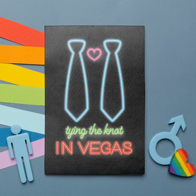 NeonTying The Knot in Vegas Gay Wedding Invitation (Featuring fabulous faux neon lights in two neck ties and a heart. Ideal for a wild Las Vegas wedding)