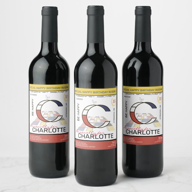 Neoplasticism Abstract Art Monogram. Letter C Wine Label (Bottles)