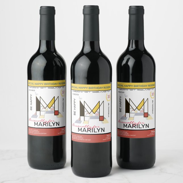 Neoplasticism Abstract Art Monogram. Letter M Wine Label (Bottles)