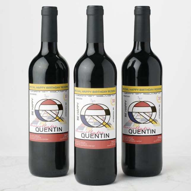 Neoplasticism Abstract Art Monogram. Letter Q Wine Label (Bottles)