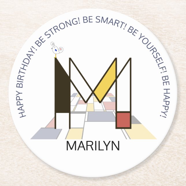 Neoplasticism Art Cool Monogram. Letter M Round Paper Coaster (Front)
