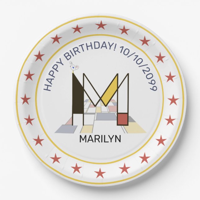 Neoplasticism Art Elegant Monogram. Letter M Paper Plate (Front)