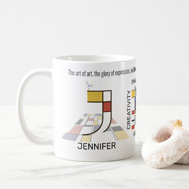Neoplasticism Art Stylish Monogram. Letter J Coffee Mug (With Donut)