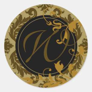 Neopolitan Damask Monogram "W" (celery/mustard) Classic Round Sticker