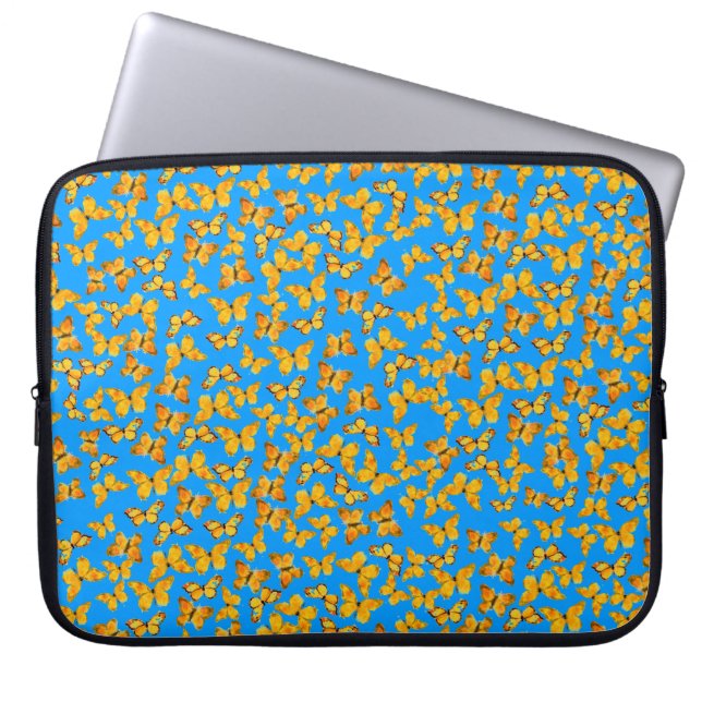 Neoprene Laptop Sleeve, Golden Butterflies on Blue Laptop Sleeve (Front)