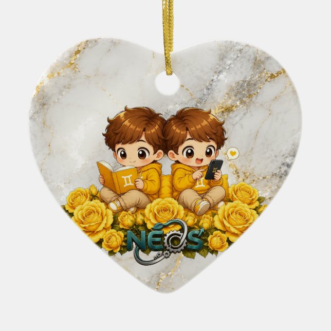 Neos Kawaii Zodiac Gemini Ceramic Tree Decoration (Front)
