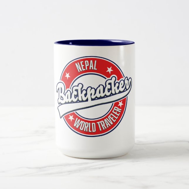 Nepal backpacker world traveller retro logo Two-Tone coffee mug (Center)