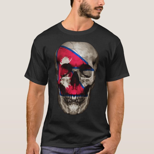 Nepal Flag Skull Nepalese Roots Proud Patriotic T-Shirt (Front)