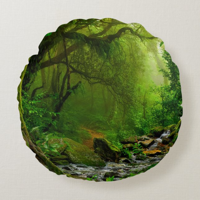 Nepal jungle with riverjungle,forest,ground,river, round cushion (Front)