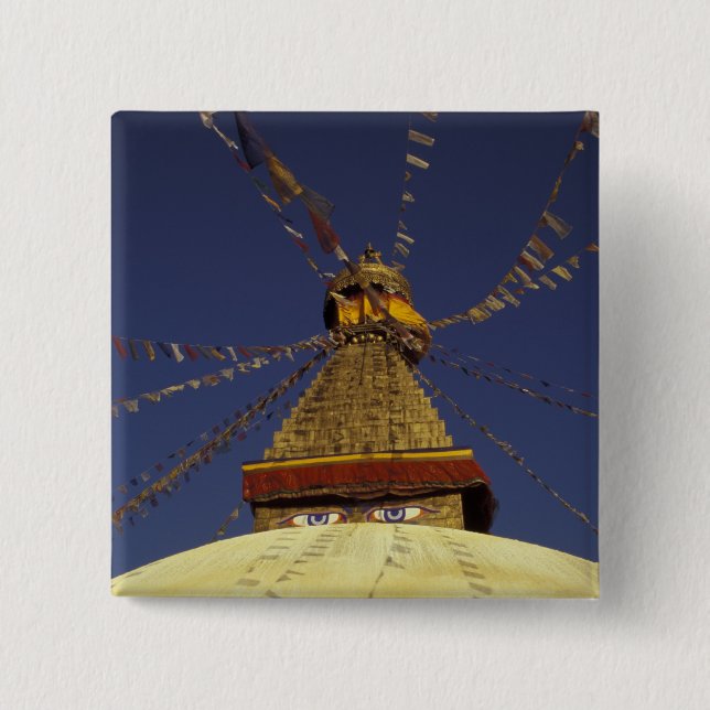 Nepal, Kathmandu. Under prayer flags, watchful 15 Cm Square Badge (Front)