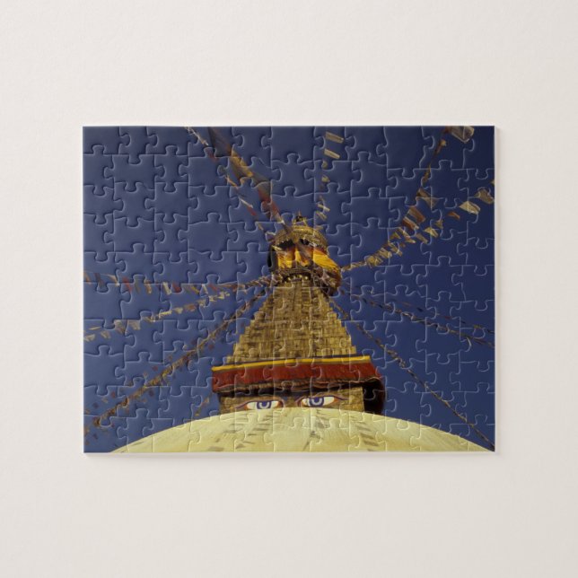 Nepal, Kathmandu. Under prayer flags, watchful Jigsaw Puzzle (Horizontal)