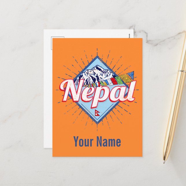 Nepal with Mountains Retro Flags Vintage Holiday Postcard (Front/Back In Situ)