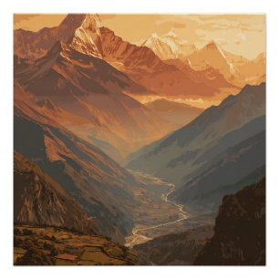 Nepalese Huge Mountains Peaks Scenic Vintage Poster