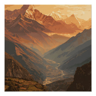 Nepalese Huge Mountains Peaks Scenic Vintage  Poster