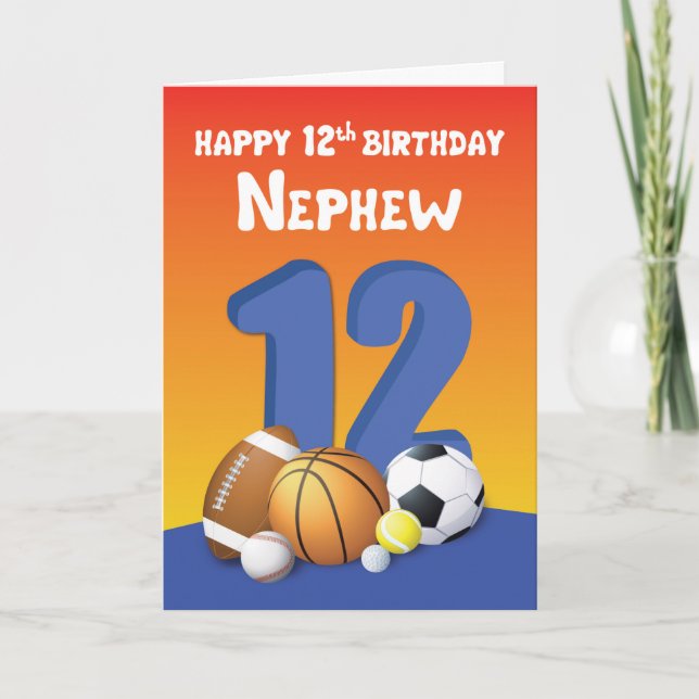 Nephew 12th Birthday Sports Balls Card (Front)